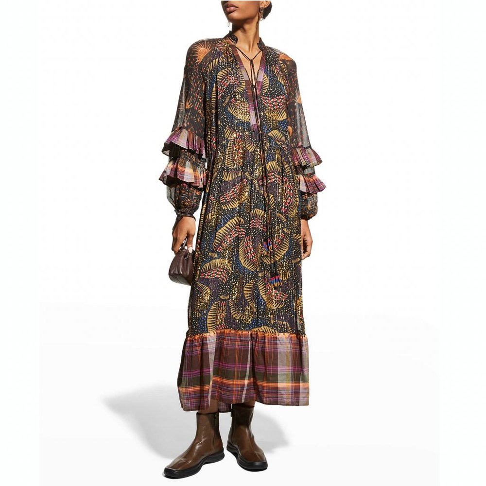 FARM Rio Black Wild Bananas Plaid Maxi Dress